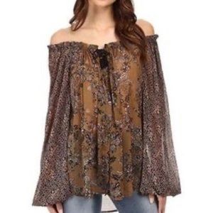 Free People Hendrix Floral Poet Peasant Blouse - Green/Brown